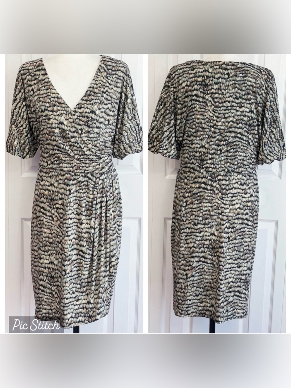 Chico's Black & Cream Print Stretch Knit Faux Wrap Puff Sleeve Dress